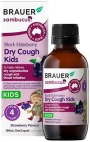 BRAUER Sambucus Black Elderberry Kids Dry Cough Strawberry Flavour Oral Liquid 100ml
