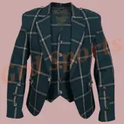 Traditional Men Lovat Green Tweed Wool Argyle Kilt Jacket with Waistcoat / Vest