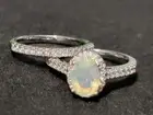 Natural Rainbow Opal & Topaz 2 Piece Engagement 925 Silver Ring Set 7.25 0809