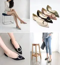 在飛比找旋轉拍賣優惠-韓國麂皮絨面金屬兩側修身平底尖頭鞋