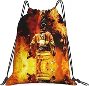 EdWal Firefighter Fireman Flame Print Drawstring Backpack Gym Bags Sports Draw String Bags For Gym Travel Swimming Beach, White, One Size