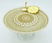 Turkish Glass White Cake Stand Glass Pedestal Dessert Platter Gold Lace 8.2"