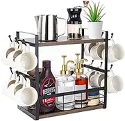 Coffee Bar Organizer for Countertop, 2 Tier Multifunctional Coffee Shelf Stand with 12 Hooks Mug Holder, Wooden Bar Counter Station for Kitchen Office