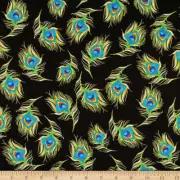 $7 Per Yard Loralie PRETTY PEACOCK FEATHER Black Quilt Fabric #692-361