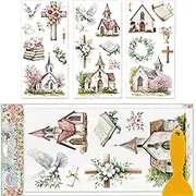 GLOBLELAND 3 Sheets Church Furniture Transfer 11.8x5.9inch Flower Pigeon Book Rub on Transfer UV Self-Adhesive Stickers Wall Art Craft for Furniture Room Desk