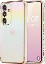 [ZTOFERA] for Samsung Galaxy S23 FE Case 6.4 inch,Cute Colorful Iridescent Plating Edge Case with Love Hearts Pattern,Camera Lens Protection Shockproof Phone Case for Women Girls,Iridescent White