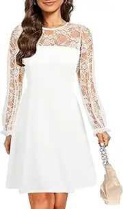 [Holipick] Women's Cocktail Dresses Wedding Guest Party Crew Neck Short A Line Dress with Lace Sleeves
