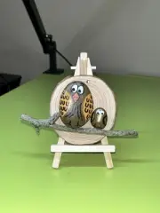 Handmade Hand Painted Owl Stones Rock Real Wood & Limb Hang Or Easel Display