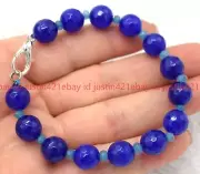 10mm Faceted Natural Blue Jade Round Beads Gemstone Bracelet 7.5" AAA+
