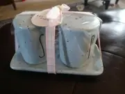 Rae Dunn SALT and PEPPER Mini Mug Shakers with Tray Light Blue Speckled