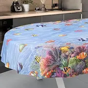 Oilcloth Tablecloth, Washable, Oilcloth, Garden Tablecloth, Outdoor, Indoor, Oval, 180 x 140 cm, Cut Edge, Aquarium