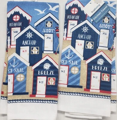Set of 2 Same Towels (14x24") NAUTICAL, 5 SUMMER BEACH HOUSES ON THE SAND,TL