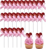 Glitter Red Heart Cake Toppers Galentine’s Day Decorations Heart Cupcake Toppers Valentine's Day for Sweet Love Theme Wedding