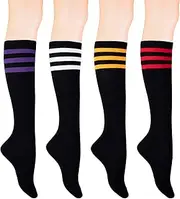 [KONY] Women's Cotton Knee High Socks - Casual Solid & Triple Stripe Colors Fashion Socks 3 Pairs (Women's Shoe Size 5-9)