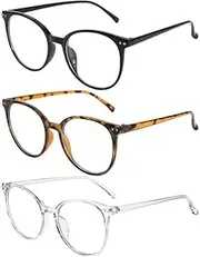 Pack of 3 Blue Light Blocking Glasses, Round Frame, Anti Blue Reading Glasses for Men and Women, Lightweight Clear Blue Light Filter Glasses, Computer Glasses, Anti Glare, Black, Clear, Leopard Print