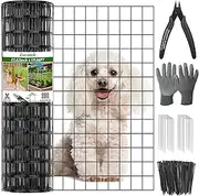24 in x 59 Ft Welded Wire Fence Black PVC Coated Wire Mesh 2 x 3 in 14GA Garden Fence for Dog Border Fencing Roll Outdoor Animal Barrier Fence with U-Shape Hooks for Yard Plant Vegetable Protection