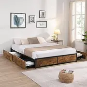 Levede Industrial King Bed Frame Base, Metal Brown Mattress Base Platform with 4 Storage Drawers,Mattress Foundation, Strong Metal Slat Support, Bedroom Furniture,Easy Assembly,300kg Weight Capacity