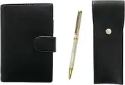 Eco B7 Cowhide Leather Mini Organizer and Round Button Pen Case Black Brass Hexagonal Rotating Holi Gold Ballpoint Pen Set Silver LS002B-BRSB-6KSBP-S