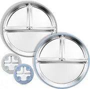 Stainless Steel Baby Plate with Suction, 9” Divided Toddler Plates with Removable Silicone Sleeves for Kids, Non-Toxic Non-Slip Unbreakable Dishwasher Safe Dinnerware(Blue & Gray)