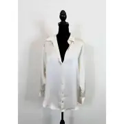 Zara Blouse Top in Mid Gray Medium Satin Button Front Long Sleeve Silk Classic