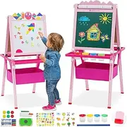 Kids Art Easel,Double-Sided Wooden Easel for Kids with Paper Roll,Height Adjustable Standing Easel with Puzzle Tangram Toys,Storage Box and Other Accessories,Easel for Toddlers 3-10 Years