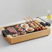 Bamboo Electric Barbecue Grill, Household Smokeless Barbecue Plate, 1200W Multi-Function Oven, Teppanyaki, Natural Bamboo Base, Widened Grill Pan, 5-Level Temperature Adjustment