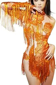 [Youmeisha] Sequin Fringe Rhinestone Single Sleeve Bodysuit Adult Women Performance Leotard Birthday Party Stage Dance Costumes