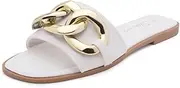 [Shoe Land] EMMA Women's Square Open Toe Slides Cute Single Band with Metal Chain Slip on Flat Sandals
