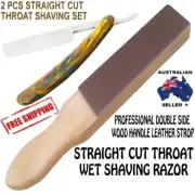 NEW BARBER STRAIGHT CUT THROAT WOOD HANDEL SHARPING LEATHER STROP+SHAVING RAZOR
