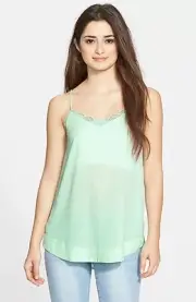 FRENCHI JUNIORS WOMENS LACE TRIM CAMISOLE TANK TOP GREEN PLACID SMALL NEW! $24