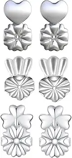 [Wahbite] 3 Pairs Earring Lifters Backs Sterling Silver Hypoallergenic Adjustable Secure Lifts Earring Jewelry, Heart-Shaped, Crown & Clover Style