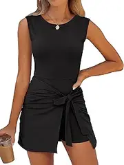 [Caracilia] Women Tennis Dress Built in Shorts Summer Sleeveless Bodycon Tie Cinched Waist Mini Athletic Romper Skort Dresses