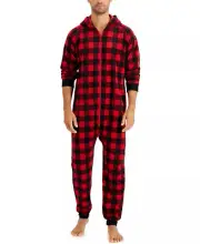 FAMILY PAJAMAS Men's 1-Piece Checkered Hooded Pajamas sz M Medium Red PJs