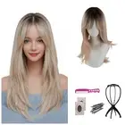 Ombre Ash Blonde Wigs for Women with Layered Curtain Bangs Set 6(with Accesso...