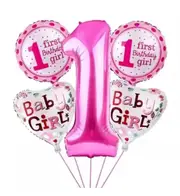 5Pcs Baby Girl 1st Birthday Balloon Set - Pink Number 1 Foil Balloon - Heart Shaped Balloons for Baby Girl 1st Birthday Party Decorations
