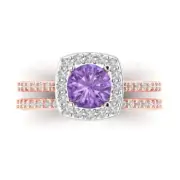 2.0ct Round Cut Halo Alexandrite Stone Promise Bridal Band set 14k 2 Tone Gold