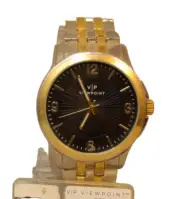 Viewpoint VP Men Silver/Gold Chrome Metal Band Watch Mineral Glass Crystal New