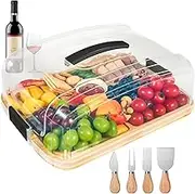 Portable Charcuterie Board with Lid for Travel, Bamboo Charcuterie Cheese Board with Cover Compartments, To Go Charcuterie Box Serving Tray Board Set with Clear Locking Lid for Party Picnic Meat Snack