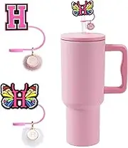 AYGXU 2pcs stanley cup accessories-30&40oz Initial stanley cup straw cover,Initial Straw Cap with Letter Charm,10mm Straw Topper,Butterfly Style for Stanley Tumbler with handler-Initial H