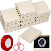 Swpeet 12Pcs Beige 3.5×3.5×1 Inch Cardboard Jewelry Gift Boxes with Scissors and Polyester Ribbon, Necklace Earring Bracelet Boxes Gift Case Ideal for Jewelry Storage Packaging Display