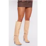 Beige Pu Point Toe Zip Off Knee High Stiletto Boots, Beige