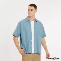 在飛比找momo購物網優惠-【Hang Ten】男裝-棉麻基本款素色休閑短袖襯衫(粉藍)