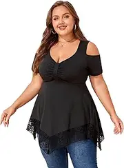 [LapaPlus] Women’s Plus Size Elegant Tops - 2025 Summer Pleated V-Neck Cold Shoulder T-Shirts Flowy Lace Hem Tunic Blouse