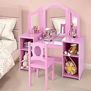 OLAKIDS Kids Vanity, 2 in 1 Wooden Girls Dressing Table and Chair Set for Toddlers with Tri-Folding Detachable Mirror Storage Drawers, Pretend Beauty Princess Makeup Desk Toy Gift (Pink with Chair)
