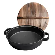 SOGA 29cm Round Cast Iron Deep Frying Pan with Wooden Lid