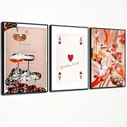Vintage Drink Poster Bar Cart Wall Art, Champagne Glasses poster, Retro Set of 3 Canvas Wall Art, Dice Alcohol Picture, ACE Heart Poker Art, Girls College Apartment Wall Decor 12x16in Framed