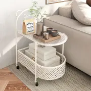 Costway2-Tier Mobile Glass Coffee Table with Bear Pattern and Storage Basket-White