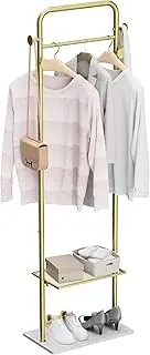 Gold Coat Rack Stand: Metal Clothing Rack with Marble Base Heavy Duty Garment Rack with 2 Shelves and 4 Hooks for for Coats Hats Scarf Jacket Dresses