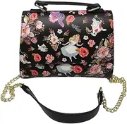 [Loungefly] Disney Alice in Wonderland Allover Floral Print Crossbody Satchel Handbag Purse, Black, Large