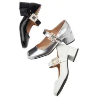 在飛比找momo購物網優惠-【Grace Gift】閃耀星辰方鑽中跟瑪莉珍鞋